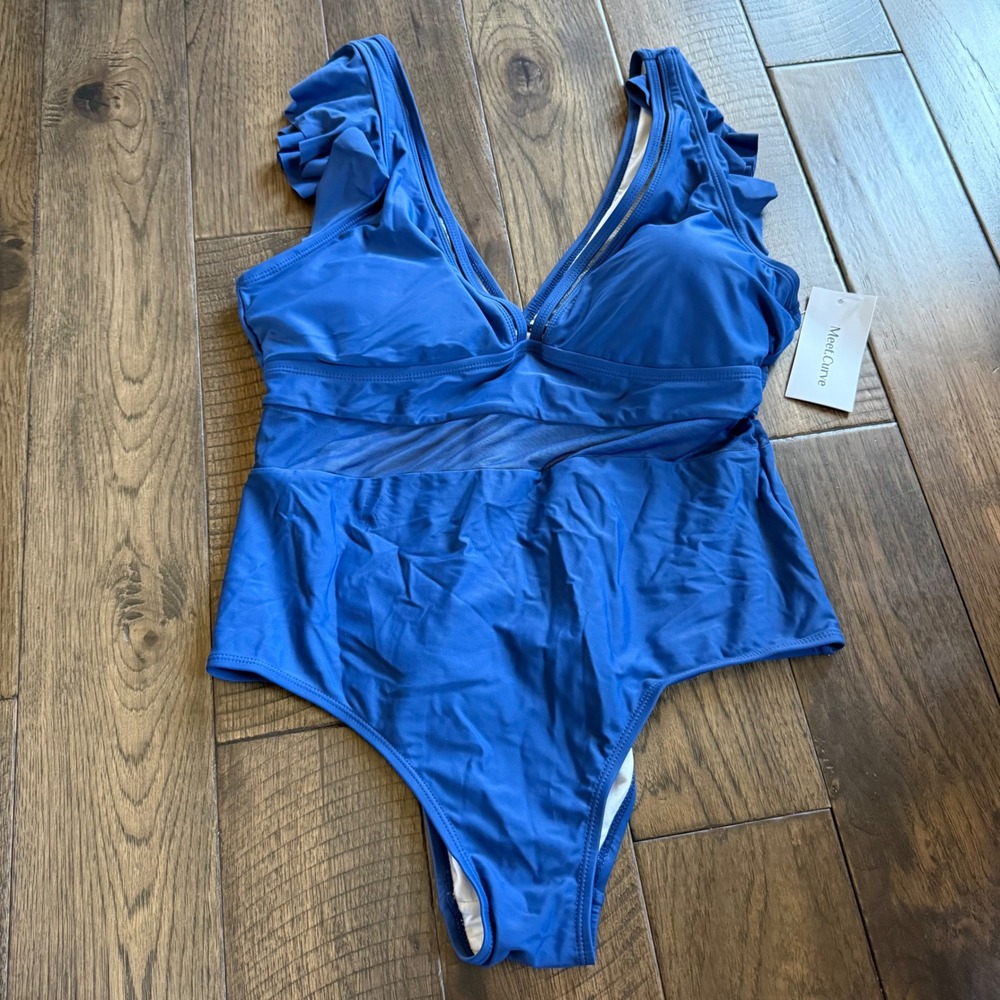 MeetCurve Womens 2XL Royal Blue Ruffle Mesh V-Neck One Piece Swimsuit NWT